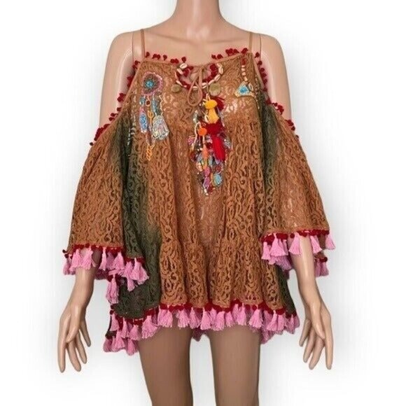 ANTICA SARTORIA Ombre Lace Cold Shoulder Beaded Tassle Southwestern Tunic OS NEW - Picture 1 of 13